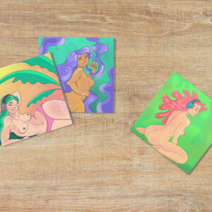 Rounded Square coasters with illustrations of women on them