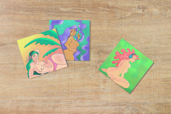 Rounded Square coasters with illustrations of women on them