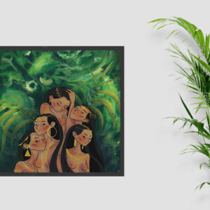 Framed printed art illustration of women in a jungle, on a wall with a plant near it