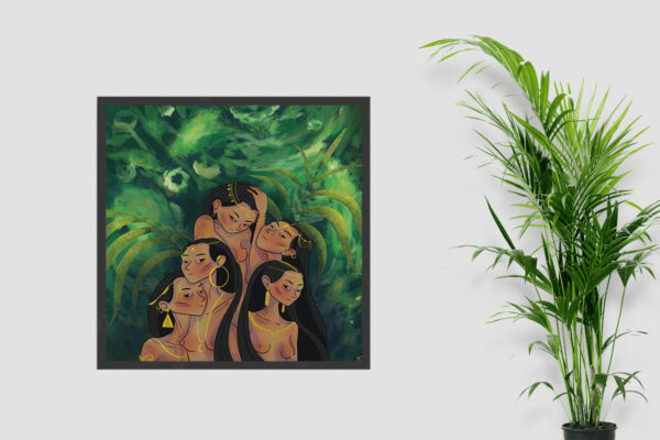 Framed printed art illustration of women in a jungle, on a wall with a plant near it