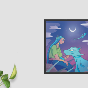 Framed printed art illustration of women and her cat sitting in the foreground and flying away together in the distance.