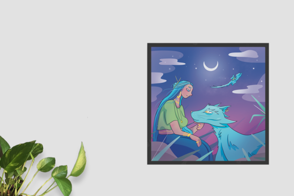 Framed printed art illustration of women and her cat sitting in the foreground and flying away together in the distance.