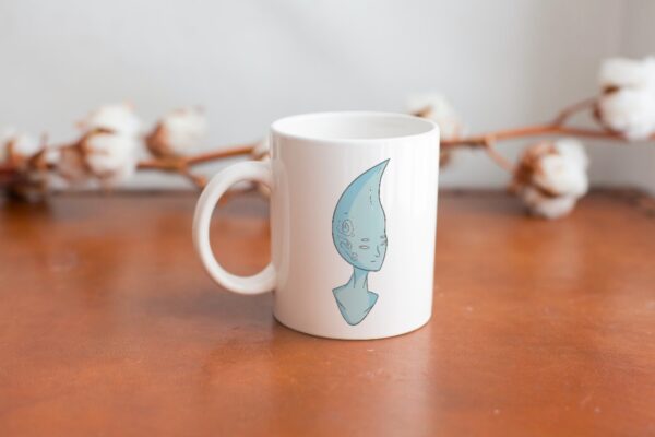 white mug with delicate illustration of a moon rock and sun flower personified.